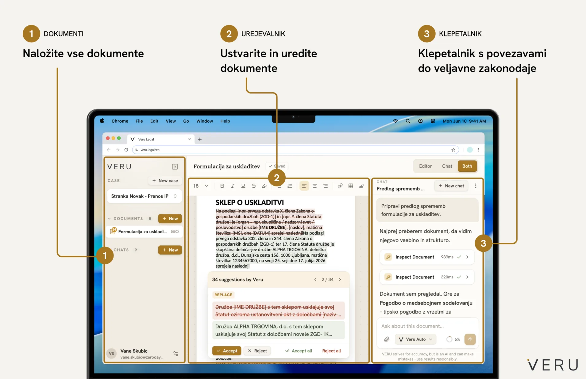 Veru: dokumenti, urejevalnik in klepetalnik s povezavami do veljavne zakonodaje v enem delovnem prostoru