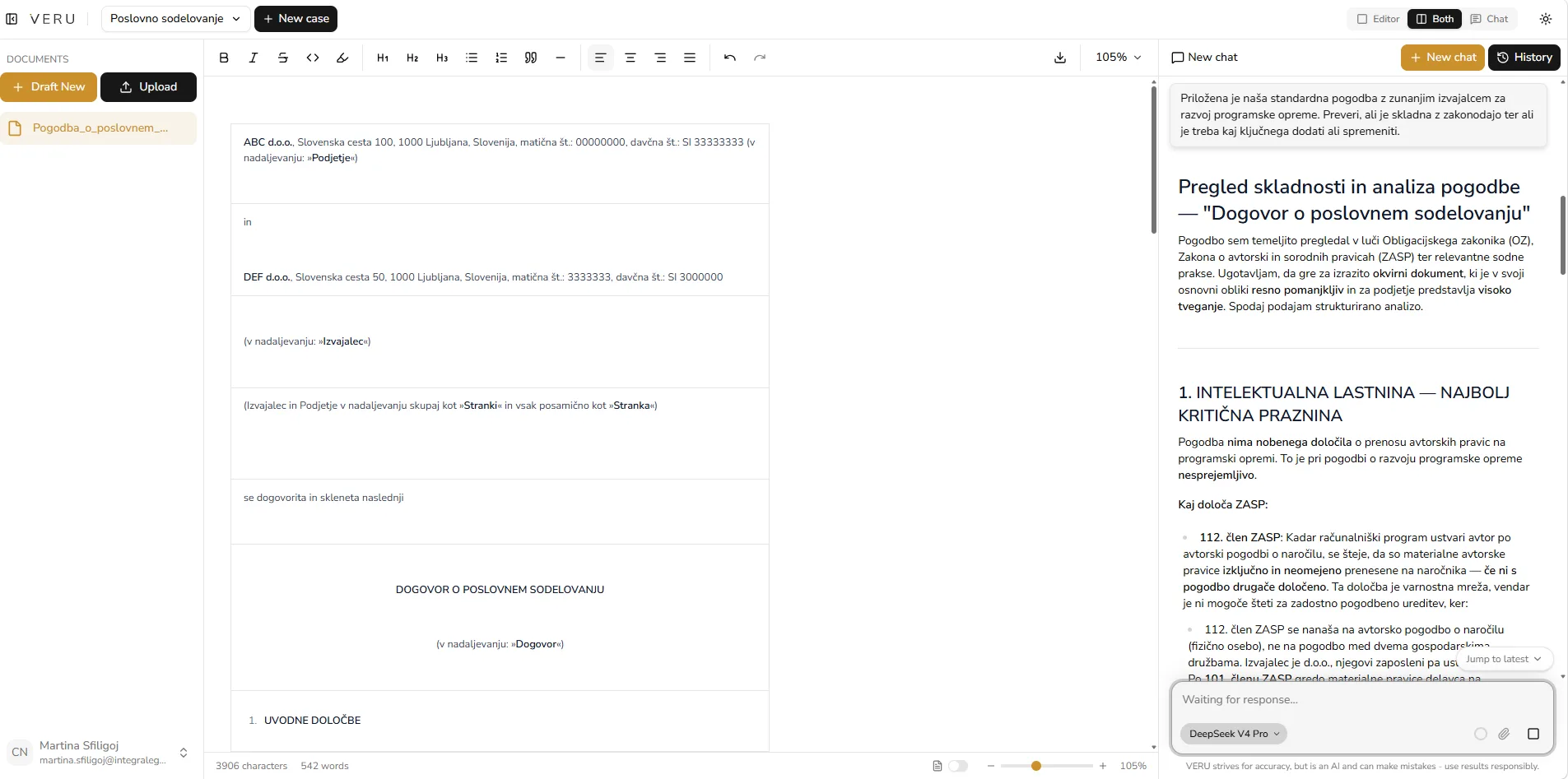 The uploaded contract alongside Veru's review in a single workspace
